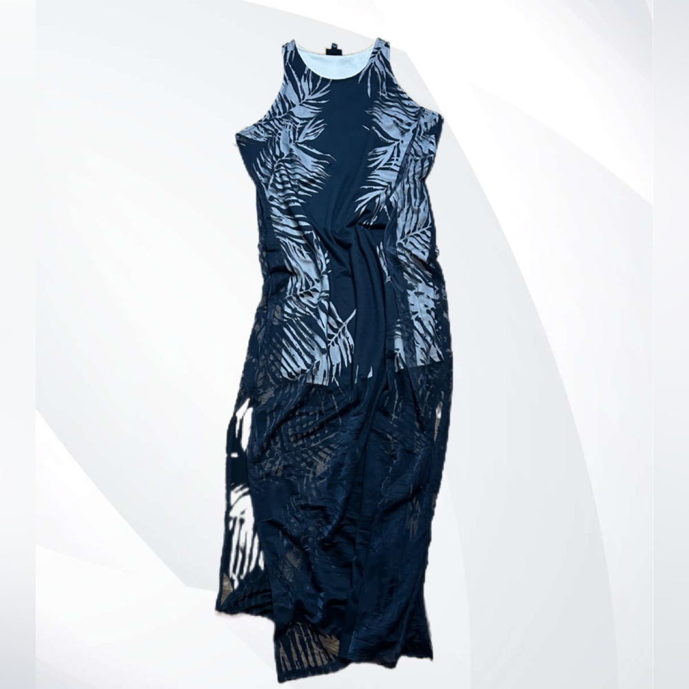 Sheer Black Palm Leaf Overlay Sleeveless Maxi Dress